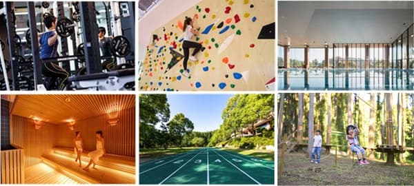 Sports and activity facilities at Resol no Mori, including a gym, bouldering wall, indoor pool, sauna, running track, and zip line