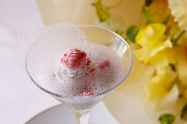 Cherry Blossom Jelly and Matcha Mousse with Dark Cherries