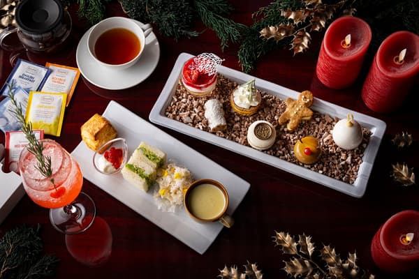 The afternoon tea spread with sweets, savories and scones