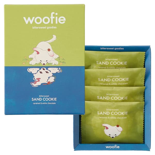 woofie 沙布列饼干焦糖与白巧克力礼盒，闭合与开启状态，展示独立包装的饼干