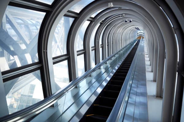 The see-through escalator leading up to Kuchu Teien Observatory