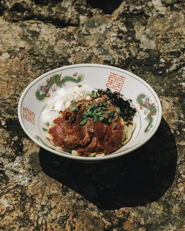 A bowl of noodles topped with meat, daikon and seaweed