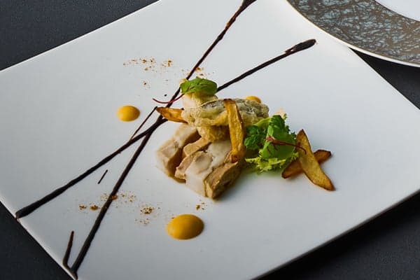 Foie gras and taro terrine with fried winter conger eel