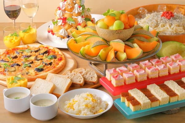 Buffet menu with lunch dishes and sweets