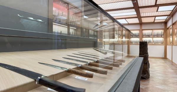 Display of Japanese knives inside the store