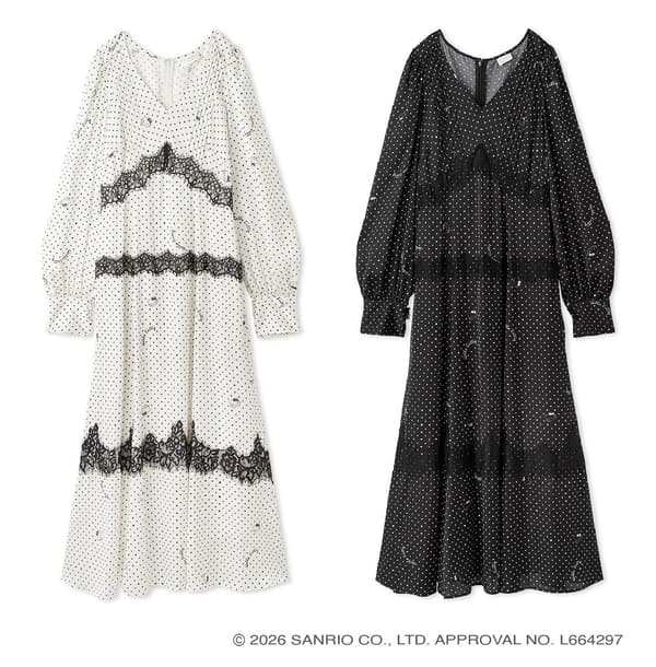 Hello Kitty Dot Print Lace Combination Dress dalam warna putih dan hitam