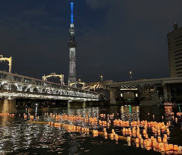 灯笼漂流在隅田川上，背景是灯火通明的东京晴空塔