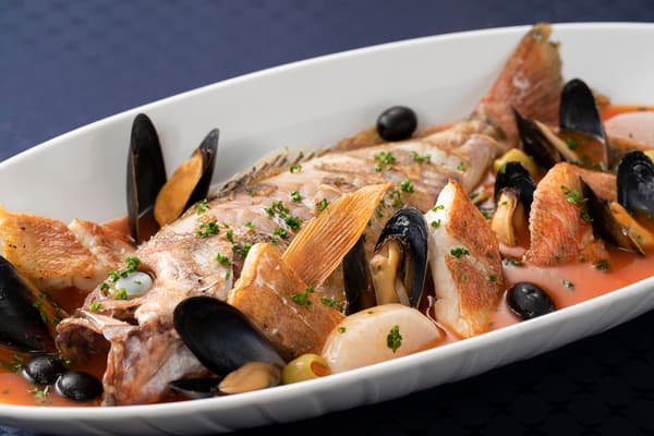 White Fish and Mussel Tomato Stew with Matsunami Cabbage Braised