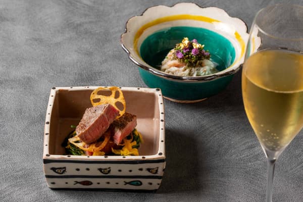 Dishes served with champagne at Kozue