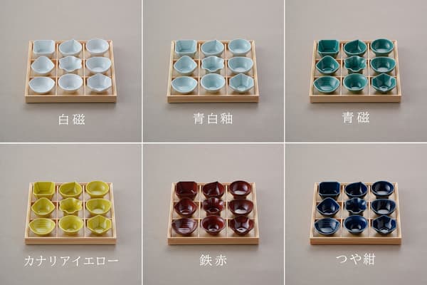 Six colors: white porcelain, bluish-white glaze, celadon, canary yellow, iron red, and glossy navy