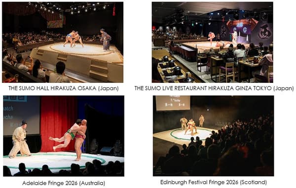 「THE SUMO HALL HIRAKUZA OSAKA」、「THE SUMO LIVE RESTAURANT HIRAKUZA GINZA TOKYO」、2026 年阿德萊德藝穗節以及 2026 年愛丁堡藝穗節的演出場景