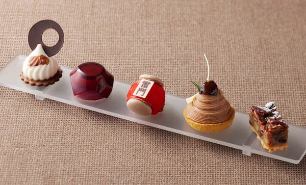 Pear mousse, grape and cassis mousse, Kaminarimon sweet, rum-scented mont blanc, and pecan and sweet potato tart