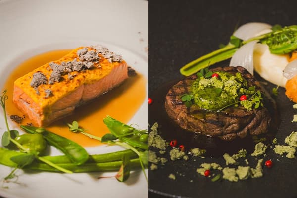 左:薩芭雍和蘑菇汁櫻花鉤吻鮭蒸煮;右:香草複合黃油北海道牛柳烤肉