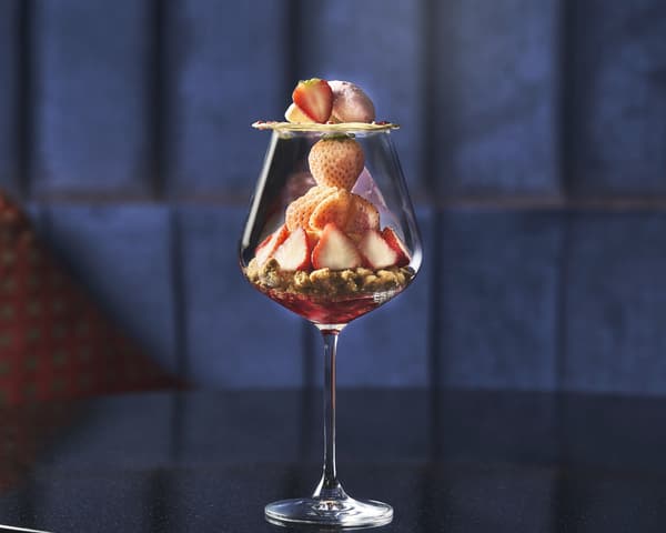 Seasonal parfait featuring sakura and white strawberry