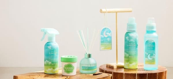 Green Heaven series lineup including bed and fabric mist, car air freshener, room diffuser, paper fragrance, fabric softener, and laundry detergent