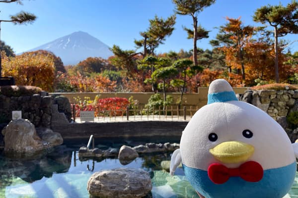 Fujippi mascot at the outdoor bath with Mt. Fuji in the background