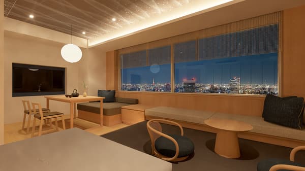 从沙发、餐桌或榻榻米区域可见东京塔与璀璨夜景