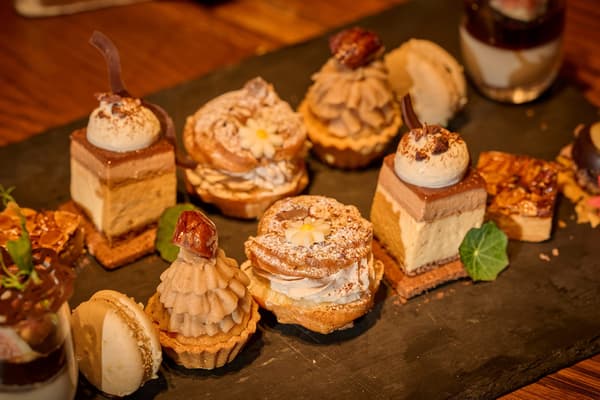Afternoon tea tier stand with autumn sweets and savories