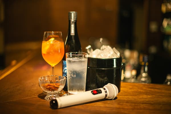 Bebidas y un micrófono de karaoke en la barra