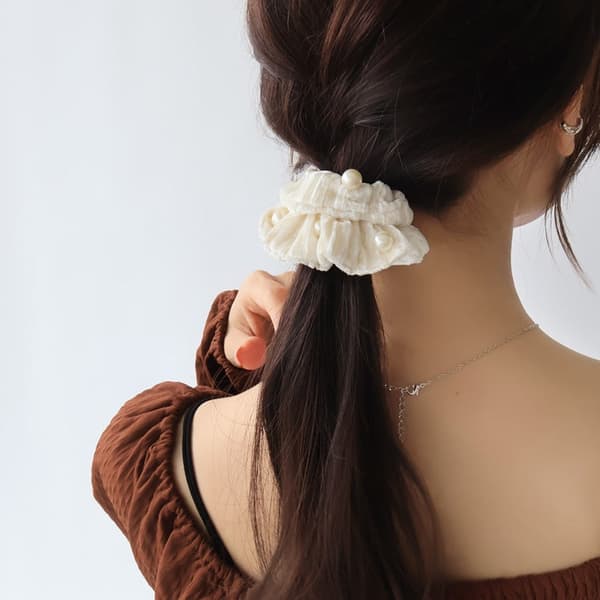 Velour Scrunchie with Pearl × Set Hair Ties / 3 pcs (パール付ベロアシュシュ×セットゴム / 3pcs)
