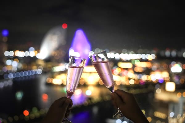 Toasting with Minato Mirai night view in background