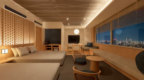 融合了麻叶纹样组子艺术与日式现代元素的客房内景