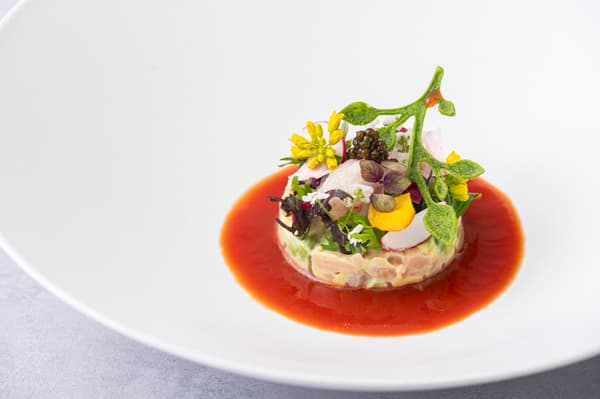 男鹿椿鮭魚與酪梨韃靼佐醃漬牡丹蝦