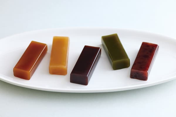 Tsuruya Yoshinobu Yokan — from right: Ogura, Matcha, Kokuto, Shiro Azuki, Caramel