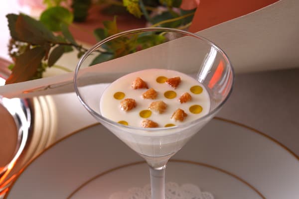 White Asparagus Bavarois with Cold Cream Soup