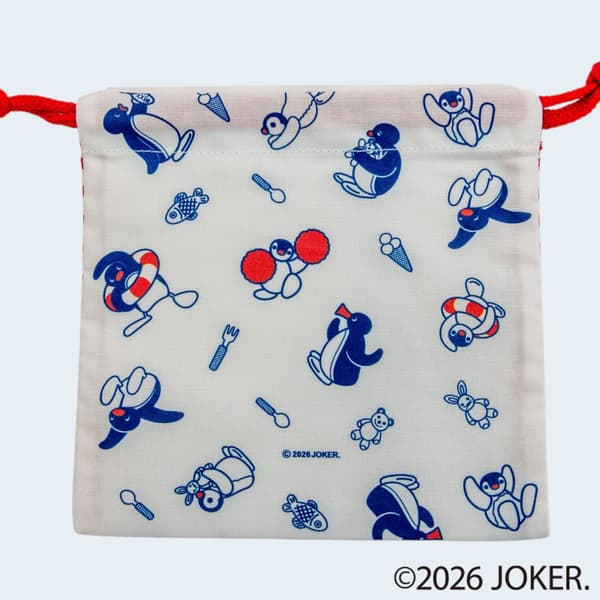 Pingu drawstring pouch with red polka dots, back