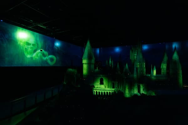 The Hogwarts Castle model surrounded by Dementors during the projection-mapping finale