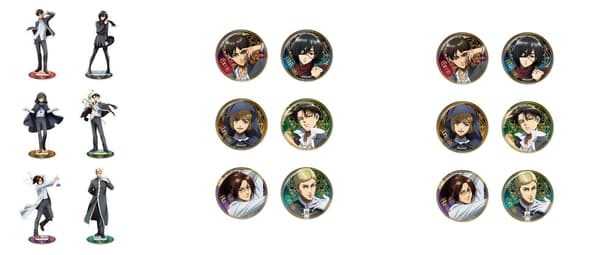 Acrylic stand and can badge merchandise at That Certain Age Attack on Titan Cafe