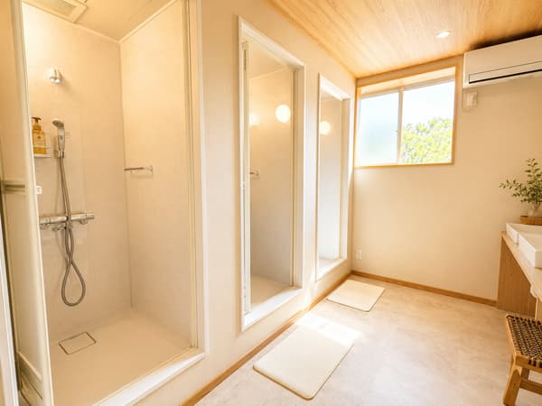Bright interior of the shared shower room