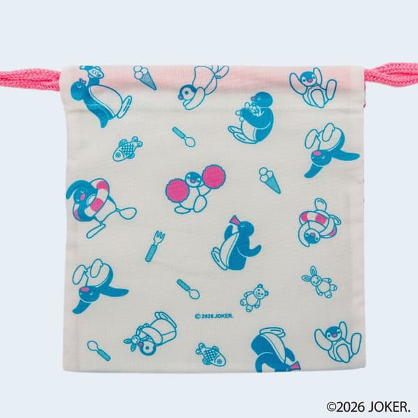 Pingu drawstring pouch with pink polka dots, back