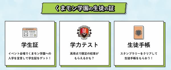 The marks of a Kumamon Gakuen student: the student ID, the academic test, and the student notebook