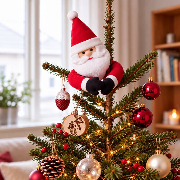 Hug Santa decoration clinging to the top of a Christmas tree