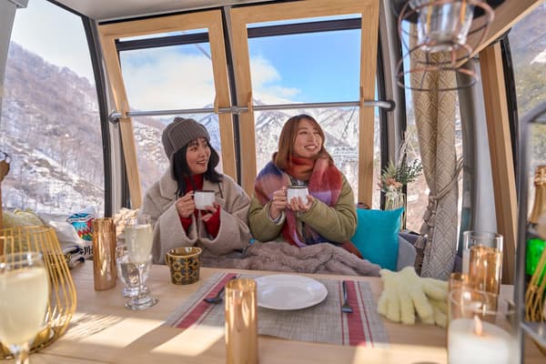 The window offers a dynamic snowy view of the Tanigawa mountain range