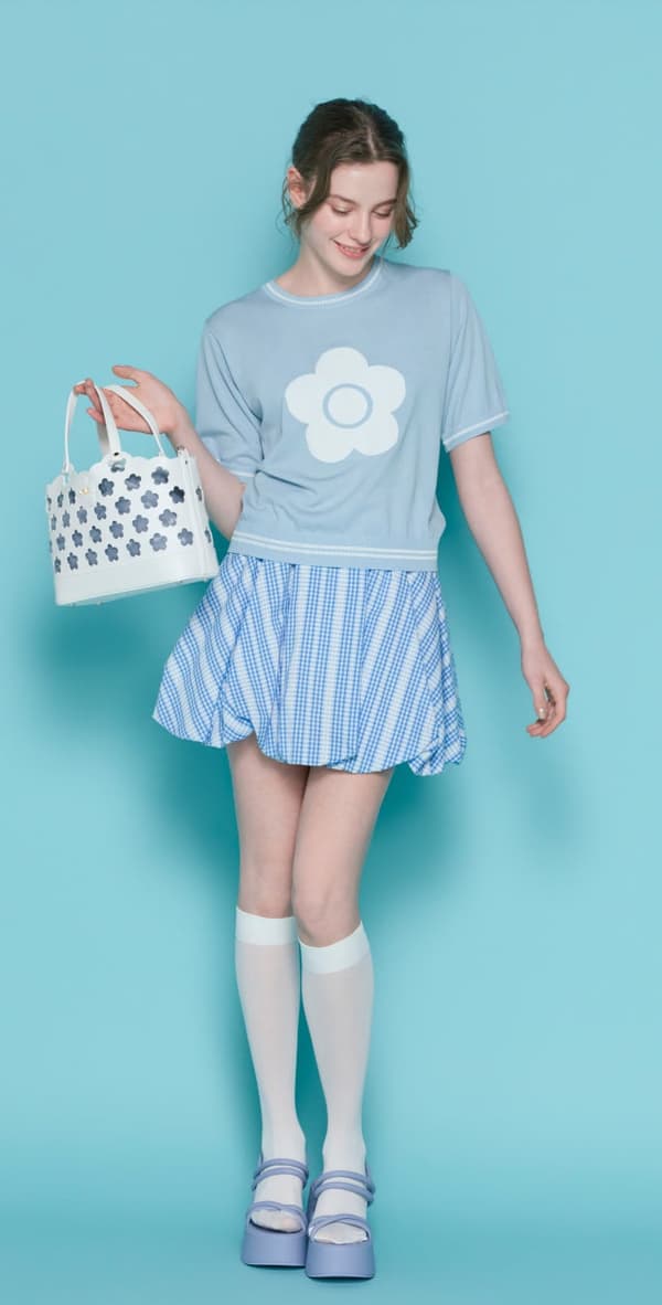 Daisy knit pullover and balloon skirt coordination in water blue