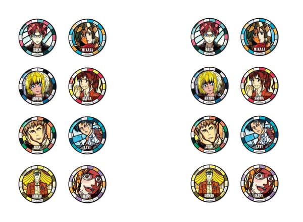 Stained-glass style hologram can badge merchandise at That Certain Age Attack on Titan Cafe