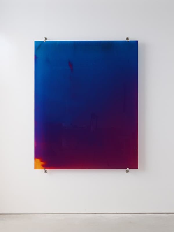 Zai Nomura, *Biophotons Shine So Brightly* (a young girl pointing at the sky, and the 12-year-old holding her hand, 1944), 2026, UV inkjet print on glass with stainless steel fittings, collection of the artist
