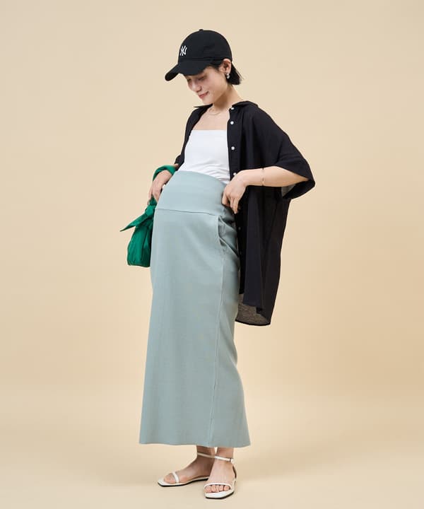 Maternity Self-Cut Rib Skirt in Blue-Green