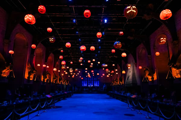More than 100 jack-o'-lanterns float above the Great Hall during DARK ARTS HALLOWEEN