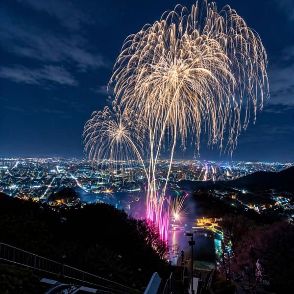 Fireworks bursting above the night view of the city