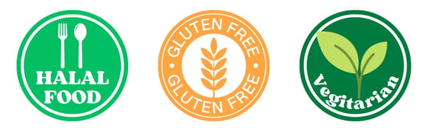 Ikon halal, bebas gluten, dan vegetarian