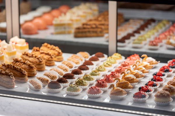 Pastries in a display case