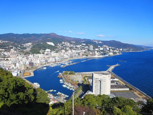 Fireworks bursting above the Atami Bay launch site
