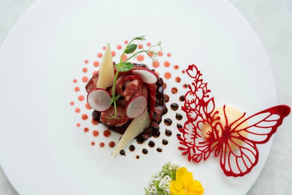 牛肉塔塔基佐帕馬森乾酪、法式蔬菜蛋黃醬與甜菜根巴薩米克油醋