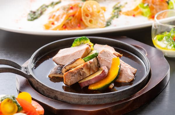 Noto Pork roast with Ishikawa shiitake mushrooms and colorful vegetables