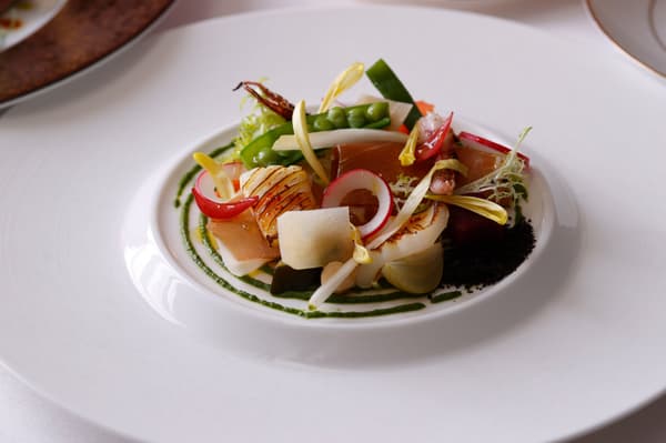 Garden-Style Assorted Vegetables with Noir de Bigorre Ham and Lightly Seared Squid