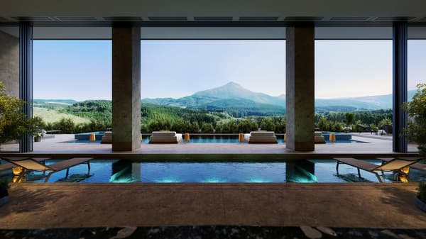 Thermal spa interior with a view of Mount Yufu